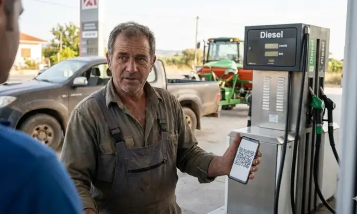 Αγρότης σε βενζινάδικο με εφαρμογή QR Code για αγροτικό πετρέλαιο